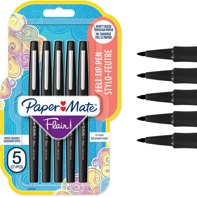 Stylos feutres Paper Mate Flair | Feutres de coloriage sans fuite à pointe moyenne (0,7 mm) | Encre noire | Idéal pour écrirescr