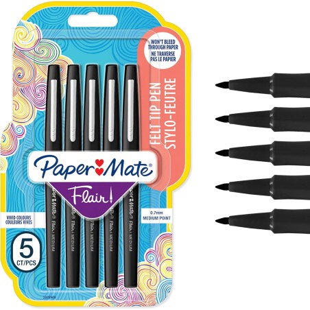 Stylos feutres Paper Mate Flair | Feutres de coloriage sans fuite à pointe moyenne (0,7 mm) | Encre noire | Idéal pour écrirescr