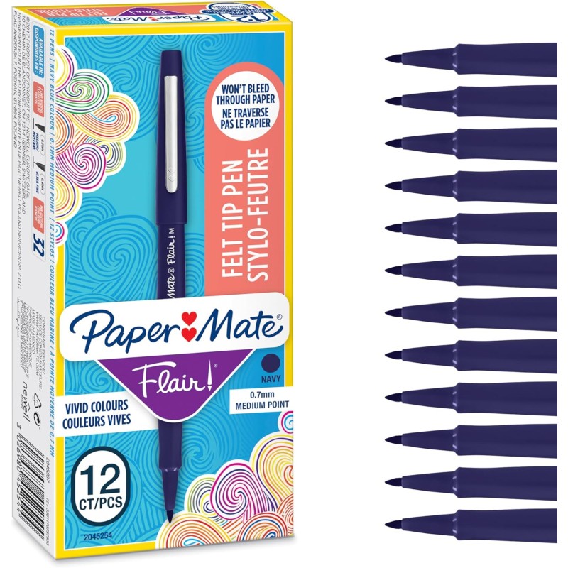 Stylos feutres Paper Mate Flair | Feutres de coloriage sans fuite à pointe moyenne (0,7 mm) | encre bleu marine | Idéal pour écr