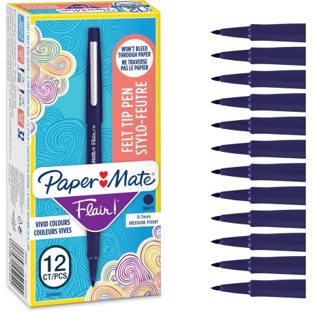 Stylos feutres Paper Mate Flair | Feutres de coloriage sans fuite à pointe moyenne (0,7 mm) | encre bleu marine | Idéal pour écr