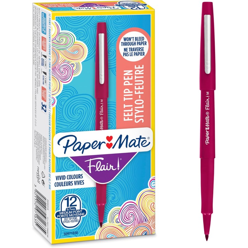 Paper Mate Stylos feutres Flair | Feutres de coloriage sans fuite à pointe moyenne (0,7 mm) | encre magenta | Idéal pour écrire,