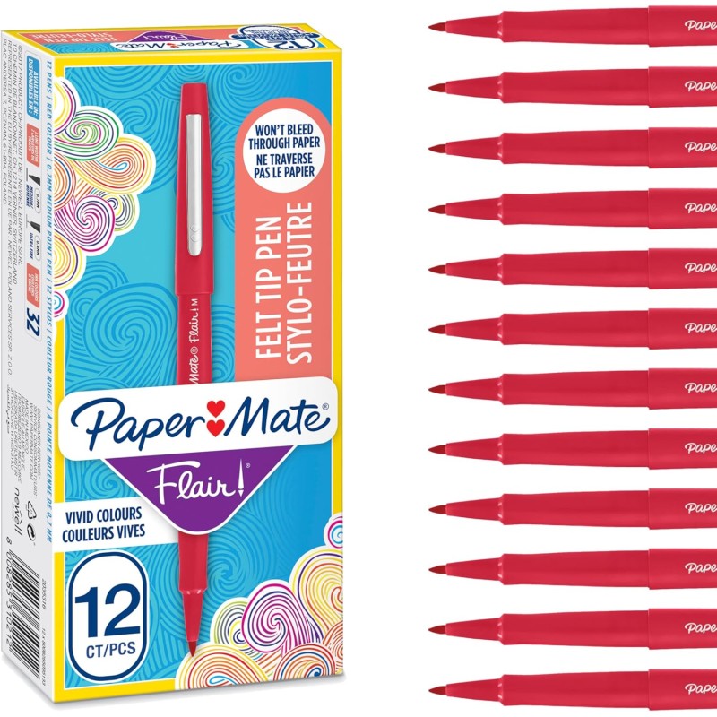 Stylos feutres Paper Mate Flair | Feutres de coloriage sans fuite à pointe moyenne (0,7 mm) | encre rouge | Idéal pour écrirescr