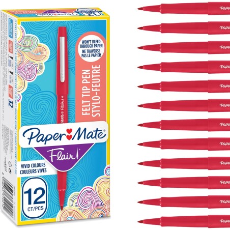 Stylos feutres Paper Mate Flair | Feutres de coloriage sans fuite à pointe moyenne (0,7 mm) | encre rouge | Idéal pour écrirescr