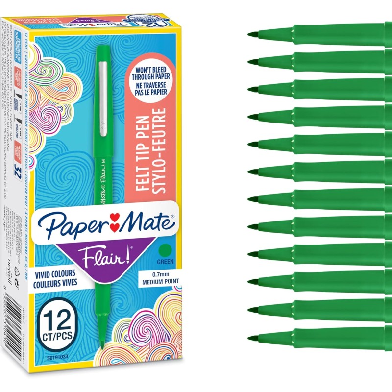 Stylos feutres Paper Mate Flair | Feutres de coloriage sans fuite à pointe moyenne (0,7 mm) | encre verte | Idéal pour écrirescr