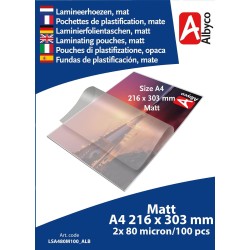 Albyco Pochettes de Plastification MATTE - Pochette Plastifieuse MATTE A4 (216x303mm) - Épaisseur 2x80 (160) Microns, Brillant -
