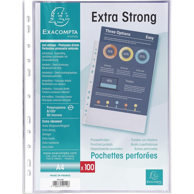 Exacompta - Réf. 59110E - Sachet de 100 pochetttes perforées Premium en Polypropylène grainé Epaisseur 8/100ème - Perforation un
