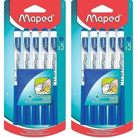 Maped - 5 Feutres effaçables à Sec Marker’Peps + 1 Chiffonnette - Feutres pour Ardoise et Tableau Blanc - Marqueurs non Permanen