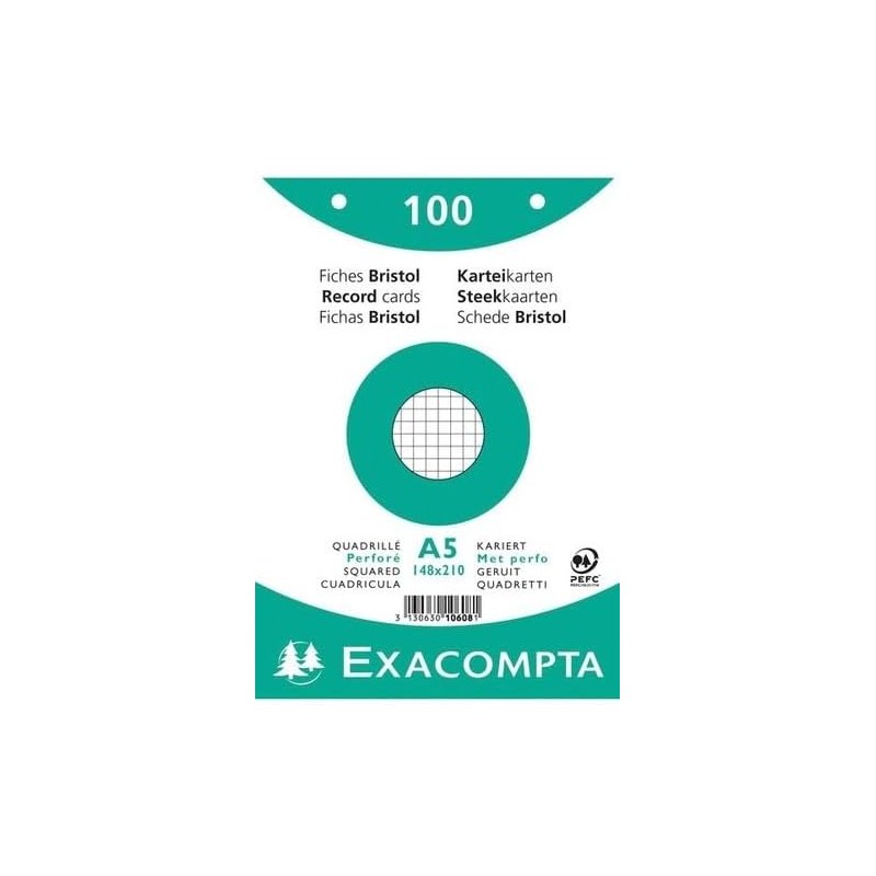 Exacompta - Réf. 10608E - Carton de 10 paquets de 100 fiches bristol quadrillées 5x5 perforées - sous film - compatibles avec im