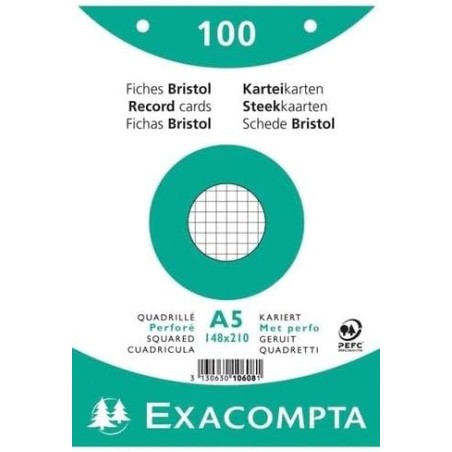Exacompta - Réf. 10608E - Carton de 10 paquets de 100 fiches bristol quadrillées 5x5 perforées - sous film - compatibles avec im