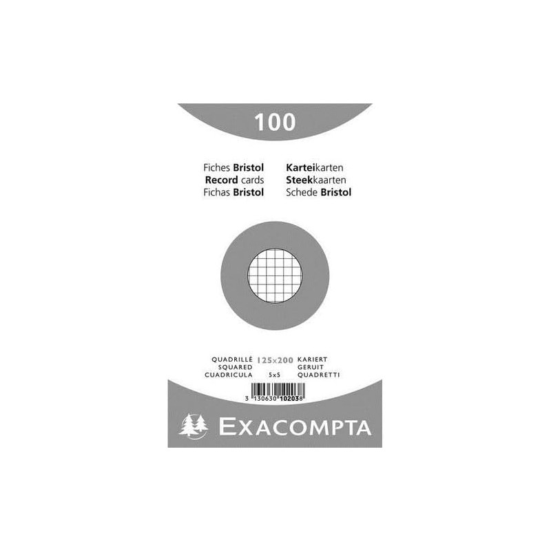 Exacompta - Réf. 10203E - Carton de 12 paquets de 100 fiches bristol quadrillées 5x5 non perforées - sous film - - format 125 x 