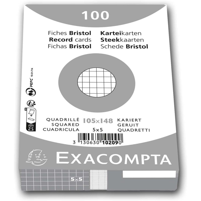 Exacompta - Réf. 10209E - Paquet de 100 fiches bristol quadrillées 5x5 non perforées - sous film - compatibles avec imprimante j