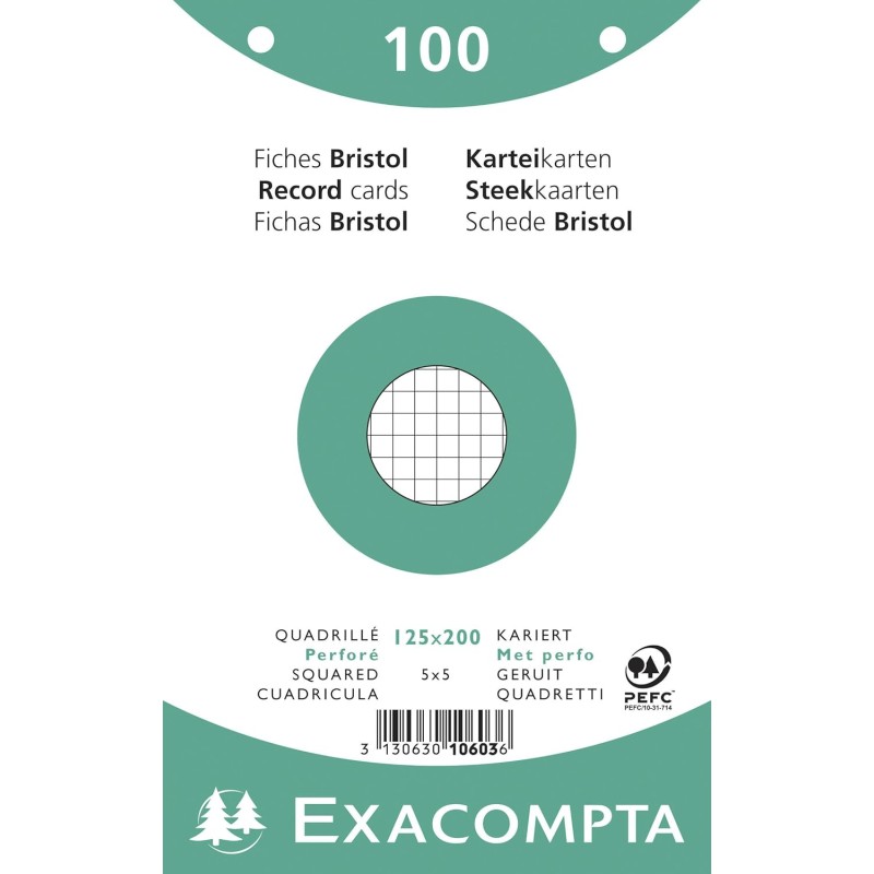 Exacompta - Réf. 10603E - Paquet de 100 fiches bristol quadrillées 5x5 perforées - sous film - compatibles avec imprimante jet d
