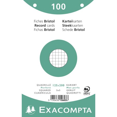 Exacompta - Réf. 10603E - Paquet de 100 fiches bristol quadrillées 5x5 perforées - sous film - compatibles avec imprimante jet d