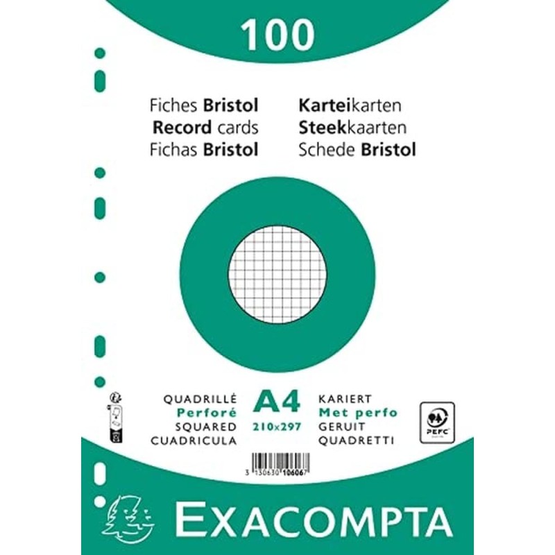 Exacompta - Réf. 10606E - Paquet de 100 fiches bristol quadrillées 5x5 perforées - sous film - compatibles avec imprimante jet d