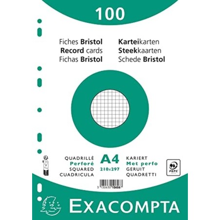 Exacompta - Réf. 10606E - Paquet de 100 fiches bristol quadrillées 5x5 perforées - sous film - compatibles avec imprimante jet d