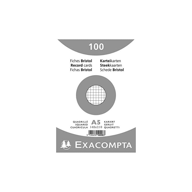 Exacompta - Réf. 10208E - Carton de 10 paquets de 100 fiches bristol quadrillées 5x5 non perforées - sous film - - format 148 x 