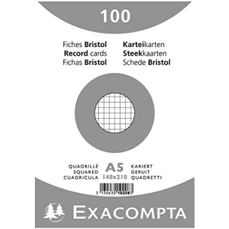 Exacompta - Réf. 10208E - Carton de 10 paquets de 100 fiches bristol quadrillées 5x5 non perforées - sous film - - format 148 x 