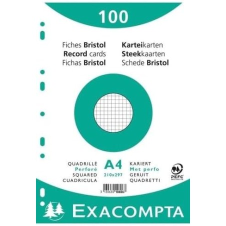 Exacompta - Réf. 10606E - Carton de 10 paquets de 100 fiches bristol quadrillées 5x5 perforées - sous film - compatibles avec im