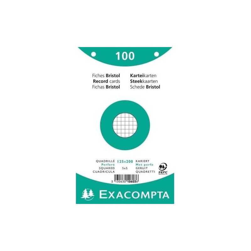 Exacompta - Réf. 10603E - Carton de 12 paquets de 100 fiches bristol quadrillées 5x5 perforées - sous film - compatibles avec im