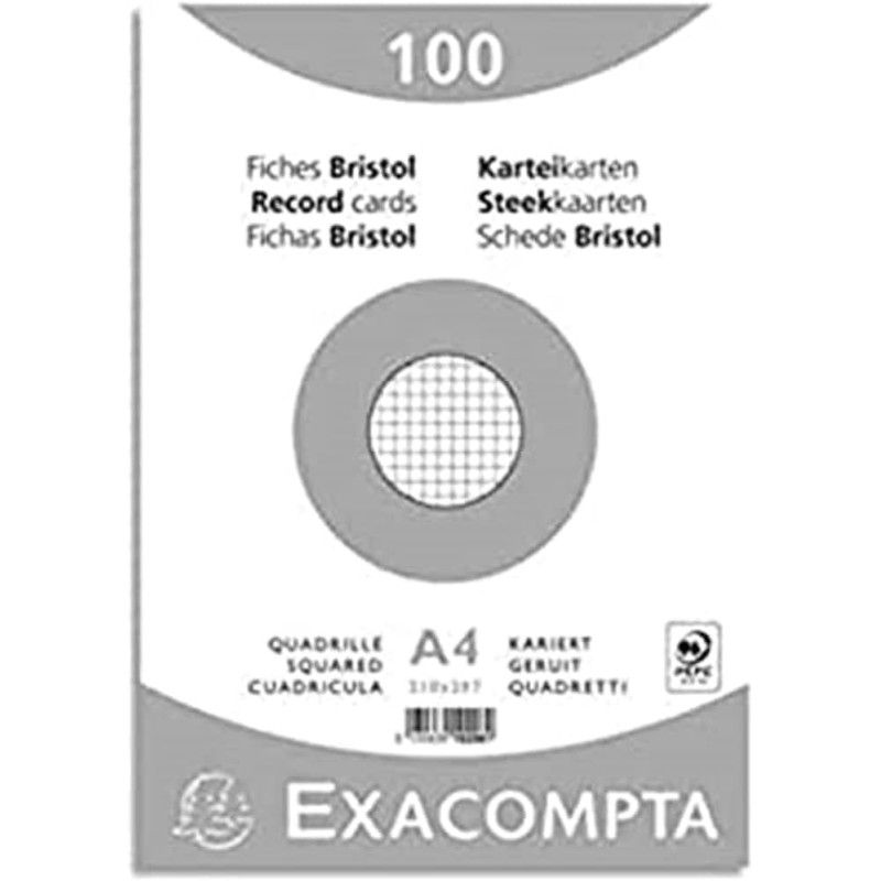 EXACOMPTA Paquet de 100 Fiches BRISTOL BLANC 210/297 5X5 S/FILM