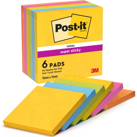 Post-it Notes Autocollantes Super Sticky, Couleurs Carnival, Pack de 6 Blocs, 90 Feuilles par Bloc, 76 mm x 76 mm - Feuillets Su