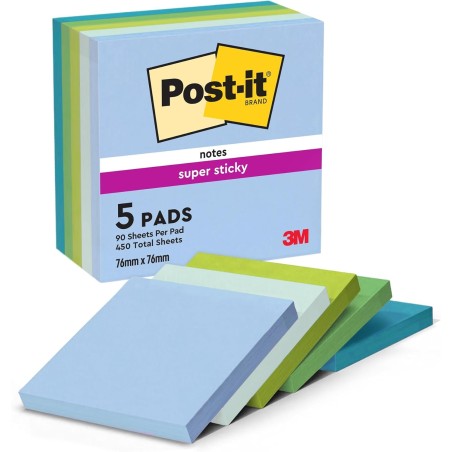 Post-it Notes Autocollantes Super Sticky, Pack de 5 Blocs, 90 Feuilles par Bloc, 76 mm x 76 mm - Feuillets Super Adhésifs pour P
