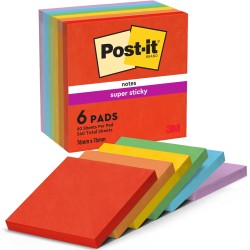 Post-it Notes Autocollantes Super Sticky, Couleurs Playful, Pack de 6 Blocs, 90 Feuilles par Bloc, 76 mm x 76 mm - Feuillets Sup