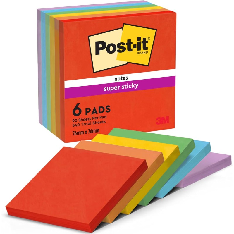 Post-it Notes Autocollantes Super Sticky, Couleurs Playful, Pack de 6 Blocs, 90 Feuilles par Bloc, 76 mm x 76 mm - Feuillets Sup
