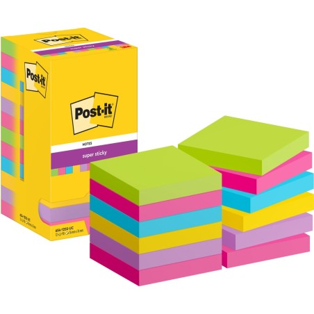 Post-it Notes Autocollantes Super Sticky, Couleurs Assorties, Pack de 12 Blocs, 90 Feuilles par Bloc, 76 mm x 76 mm - Feuillets 