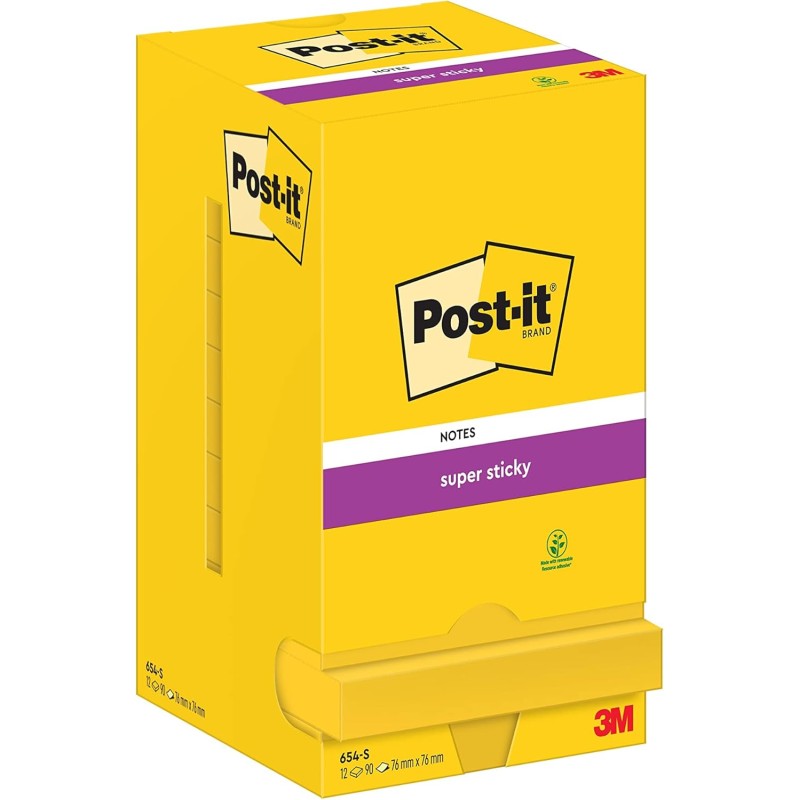 Post-it Notes Autocollantes Super Sticky, UltraJaune, Pack de 12 Blocs, 90 Feuilles par Bloc, 76 mm x 76 mm - Feuillets Super Ad