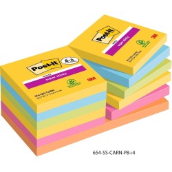 Post-it Notes Autocollantes Super Sticky, Couleurs Carnival, 8 Blocs + 4 GRATUITS, 90 Feuilles par Bloc, 76 mm x 76 mm - Feuille