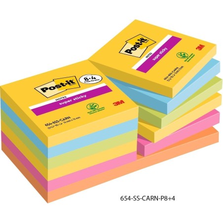 Post-it Notes Autocollantes Super Sticky, Couleurs Carnival, 8 Blocs + 4 GRATUITS, 90 Feuilles par Bloc, 76 mm x 76 mm - Feuille