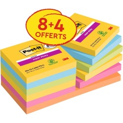 Post-it Notes Autocollantes Super Sticky, Couleurs Carnival, 8 Blocs + 4 GRATUITS, 90 Feuilles par Bloc, 76 mm x 76 mm - Feuille