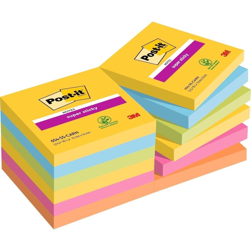 Post-it Notes Autocollantes Super Sticky, Couleurs Carnival, Pack de 12 Blocs, 90 Feuilles par Bloc, 76 mm x 76 mm - Feuillets S