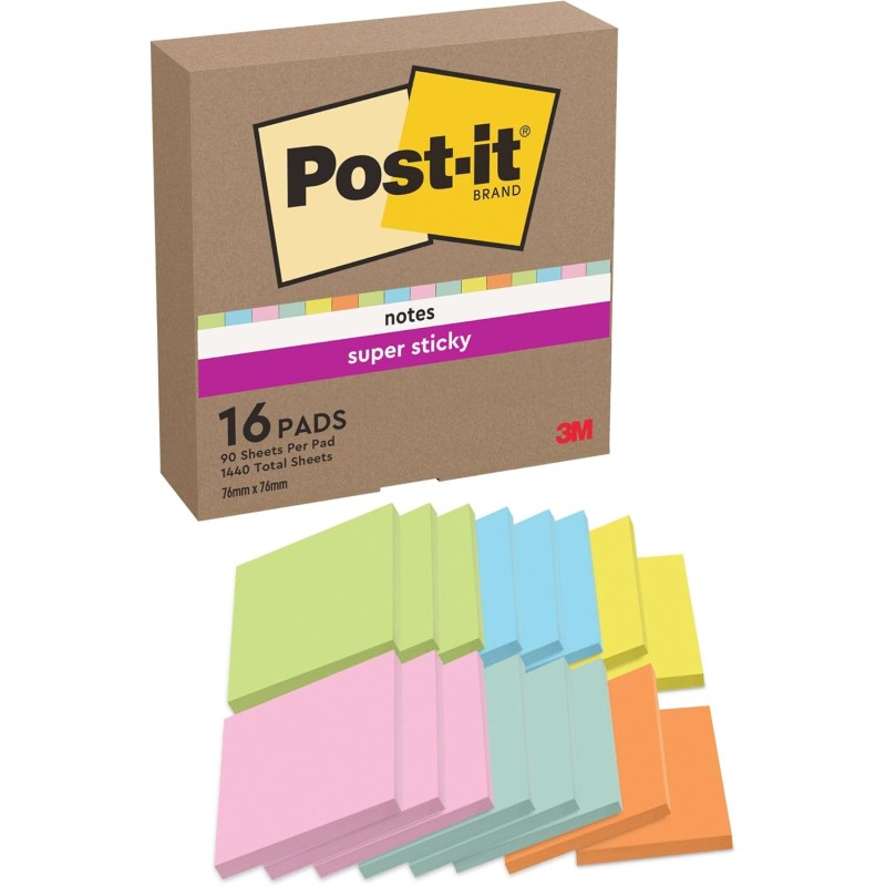 Post-it notes autocollantes super sticky, 16 blocs, 90 feuilles par bloc, 76 mm x 76 mm, vert, rose, orange, jaune, bleu - feuil