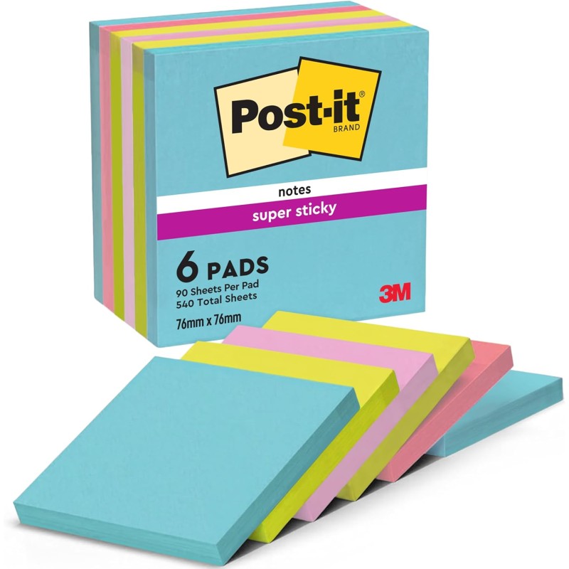 Post-it Notes Autocollantes Super Sticky, Couleurs Cosmic, 6 Blocs 76 mm x 76 mm, 90 Feuilles par Bloc - Feuillets Super Adhésif