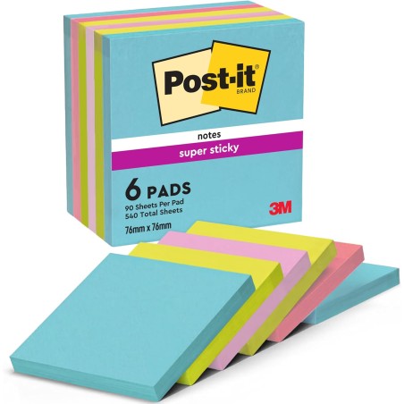 Post-it Notes Autocollantes Super Sticky, Couleurs Cosmic, 6 Blocs 76 mm x 76 mm, 90 Feuilles par Bloc - Feuillets Super Adhésif