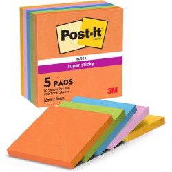 Post-it Notes Autocollantes Super Sticky, Couleurs Boost, Pack de 5 Blocs, 90 Feuilles par Bloc, 76 mm x 76 mm - Feuillets Super