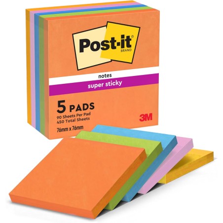 Post-it Notes Autocollantes Super Sticky, Couleurs Boost, Pack de 5 Blocs, 90 Feuilles par Bloc, 76 mm x 76 mm - Feuillets Super