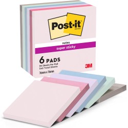 Post-it Notes Autocollantes Super Sticky, Couleurs Soulful, Pack de 6 Blocs, 90 Feuilles par Bloc, 76 mm x 76 mm - Feuillets Sup