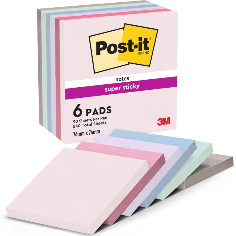 Post-it Notes Autocollantes Super Sticky, Couleurs Soulful, Pack de 6 Blocs, 90 Feuilles par Bloc, 76 mm x 76 mm - Feuillets Sup