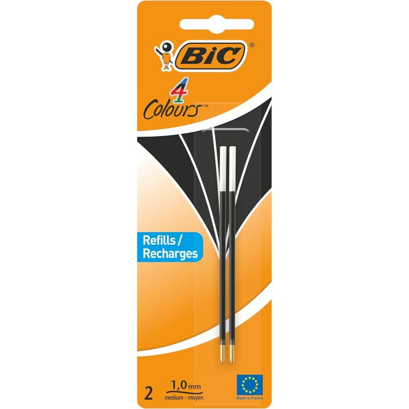 BIC 4 Couleurs - Recharges pour Stylo-Bille - Pointe Moyenne (1,0 mm) – Encre Noire, Blister de 2