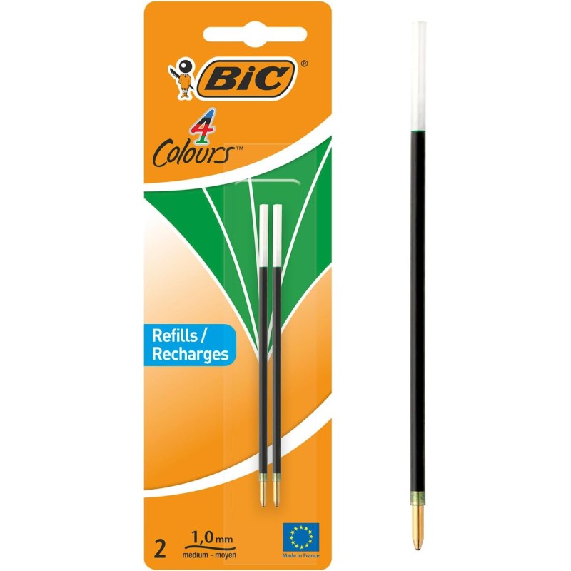 BIC 4 Couleurs - Recharges pour Stylo-Bille - Pointe Moyenne (1,0 mm) – Encre Verte, Blister de 2