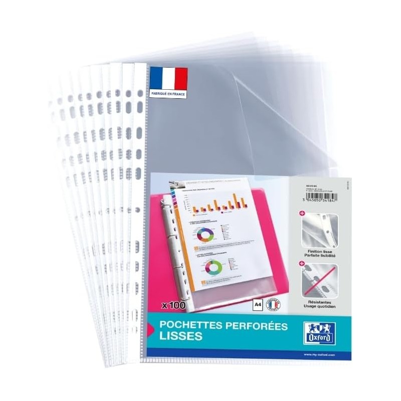 OXFORD 100 Pochettes Plastiques A4 Perforées lisses pour usage régulier