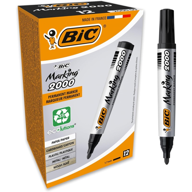BIC Marking 2000 ECOlutions Marqueurs Permanents à Pointe Conique Moyenne - Pour Carton, Plastique, Bois, Métal - Noir, Boîte de