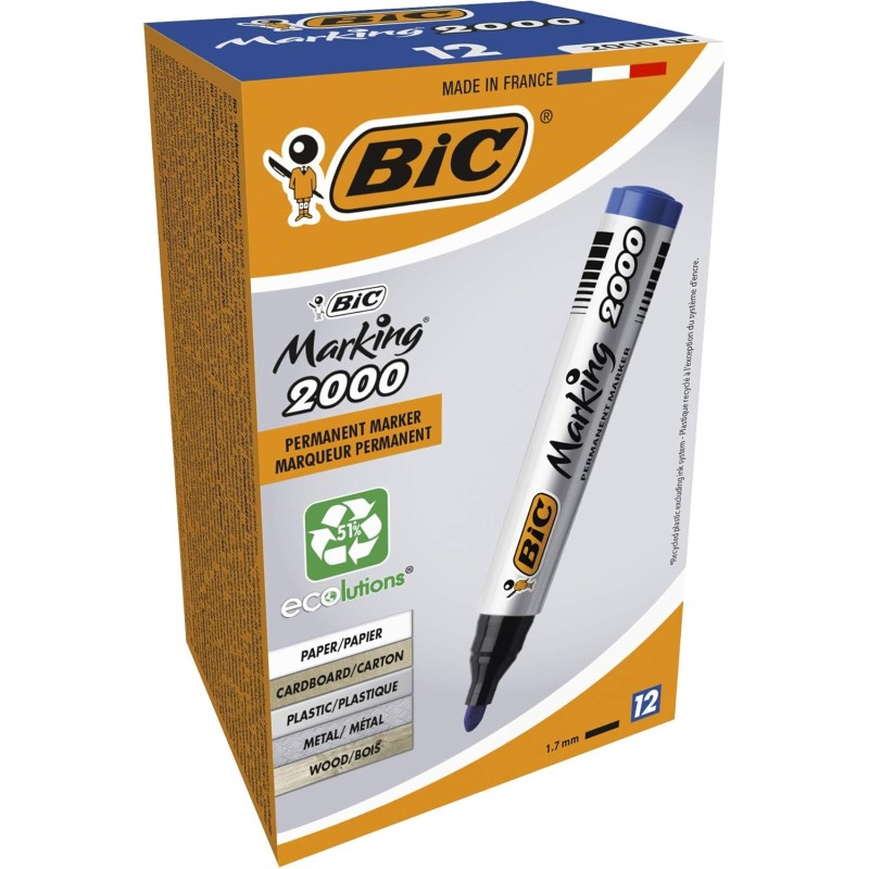 BIC Marking 2000 ECOlutions Marqueurs Permanents à Pointe Conique Moyenne - Bleu, Boîte de 12