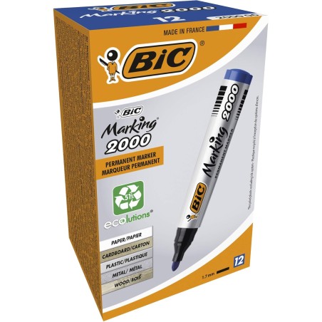 BIC Marking 2000 ECOlutions Marqueurs Permanents à Pointe Conique Moyenne - Bleu, Boîte de 12