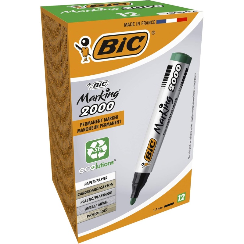 BIC Marking 2000 ECOlutions Marqueurs Permanents à Pointe Conique Moyenne - Vert, Boîte de 12