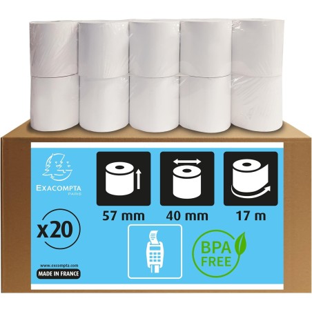 Exacompta - Réf. 5740100SE - Carton de 20 bobines pour tickets de carte bancaire - largeur 57 mm x diamètre 40 mm - mandrin 12 m