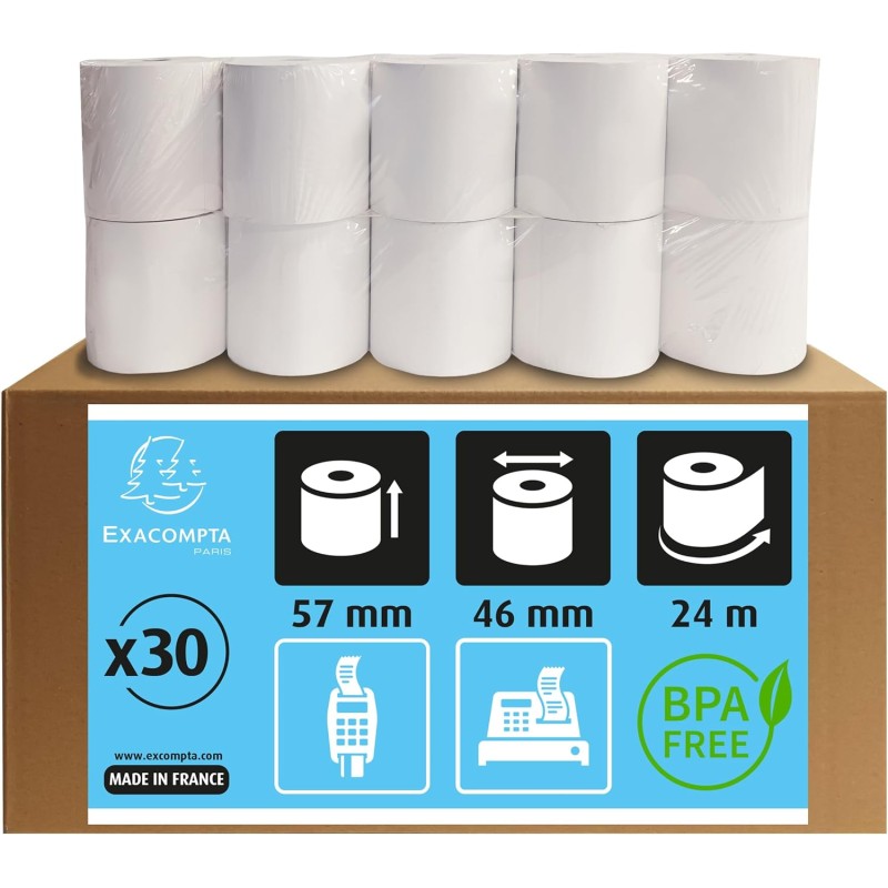 Exacompta - Réf. 40915E - Carton de 30 bobines pour tickets de carte bancaire - largeur 57 mm x diamètre 46 mm - mandrin 12 mm -